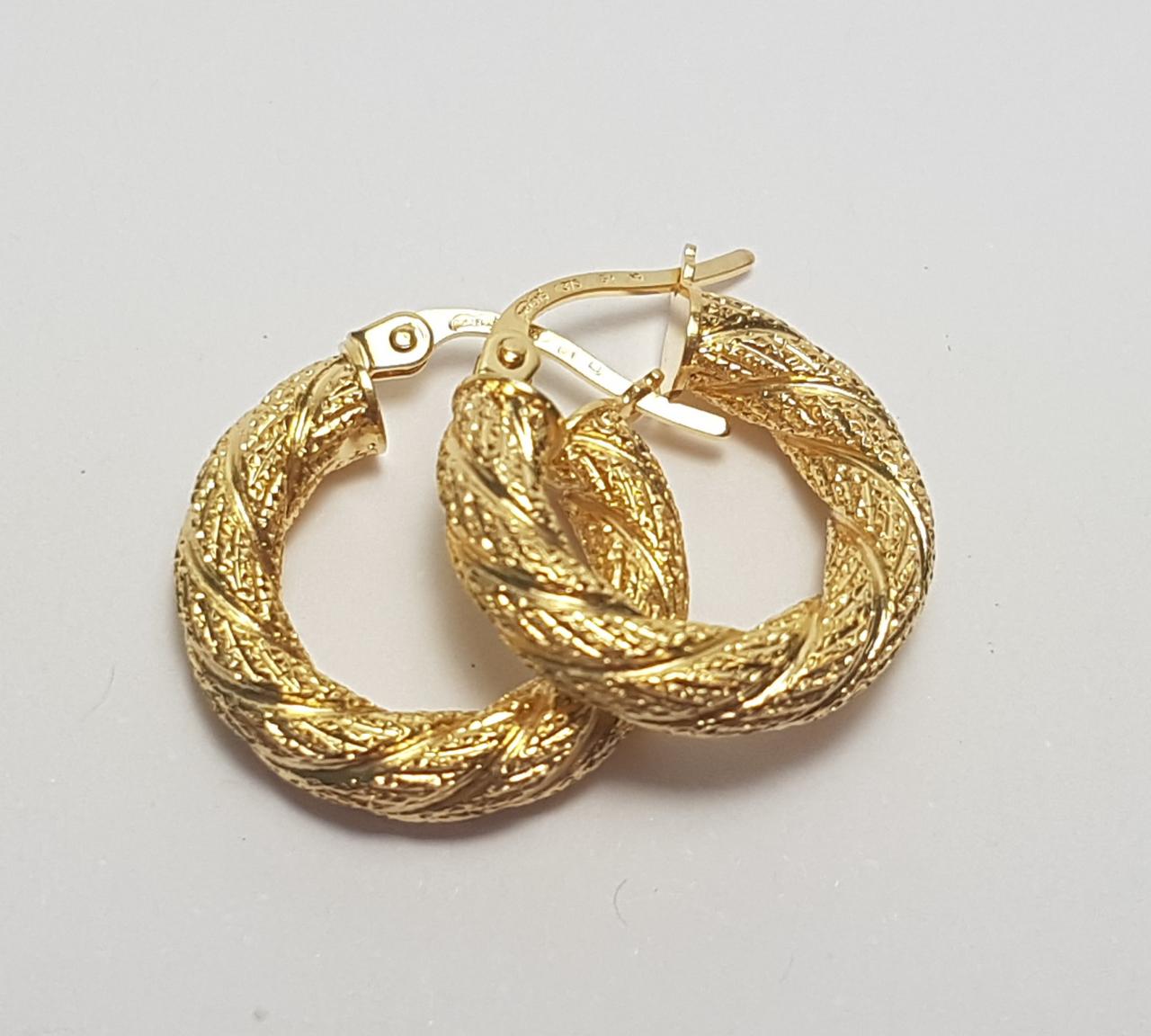 9ct Yellow Gold 3.5mm x 10mm Textured Hoop Earrings