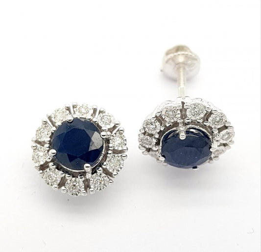 Sapphire & Diamond 10ct White Gold 1.79ct Round Sapphire & Round Brilliant Diamond Cluster Stud Earrings