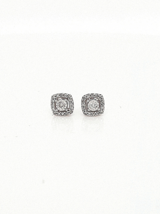 Diamond 0.10ct Round Brilliant Diamond Halo Cluster 10ct White Gold Stud Earrings