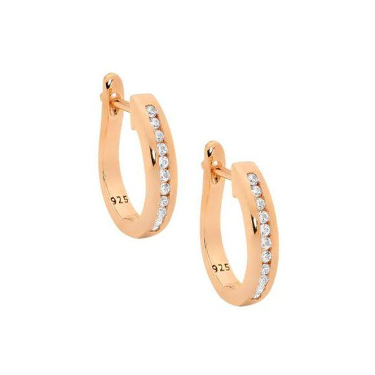 Ellani Sterling Silver & IP Rose Gold Plated White Cubic Zirconia Huggie Hoop Earrings
