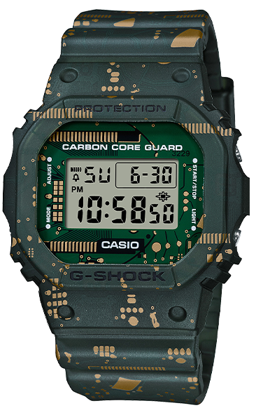 Casio G-Shock Circuit board Camo digital watch 200m WR green strap with replacement bezel and bands (Box Set) Code: DWE5600CC3D