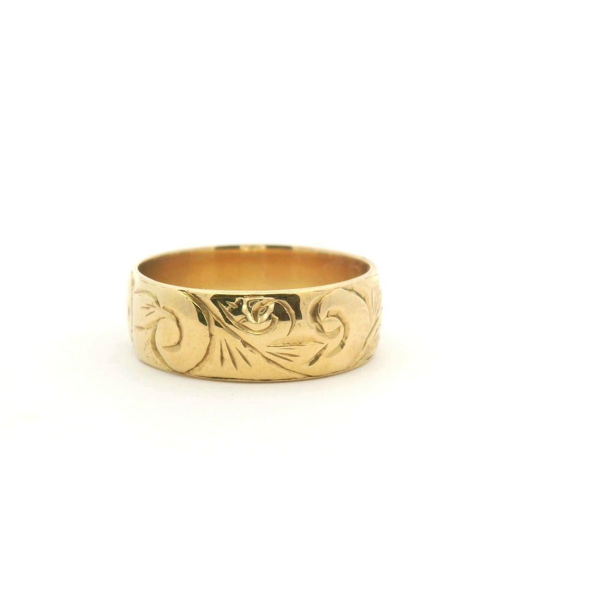 Estate 18ct Yellow Gold Engraved 6.0mm Wide Band Ring