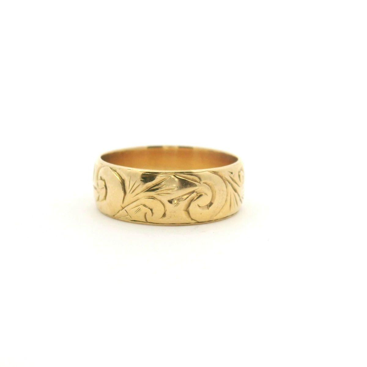 Estate 18ct Yellow Gold Engraved 6.0mm Wide Band Ring