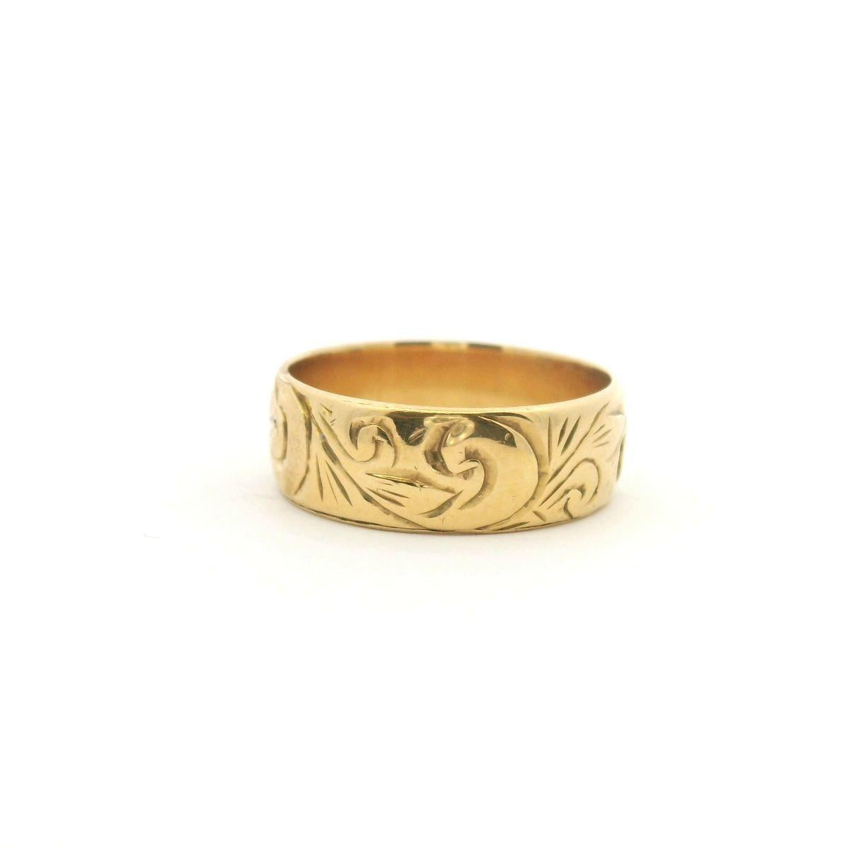 Estate 18ct Yellow Gold Engraved 6.0mm Wide Band Ring