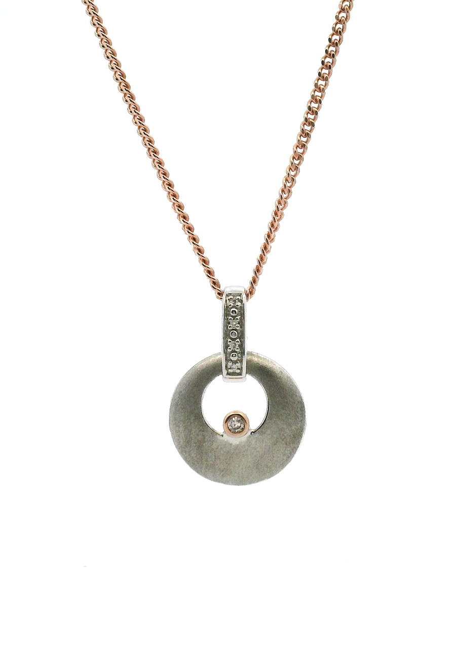 9ct White & Rose Gold Pink & White Round Brilliant Diamond Satin Finish Disc Style Pendant