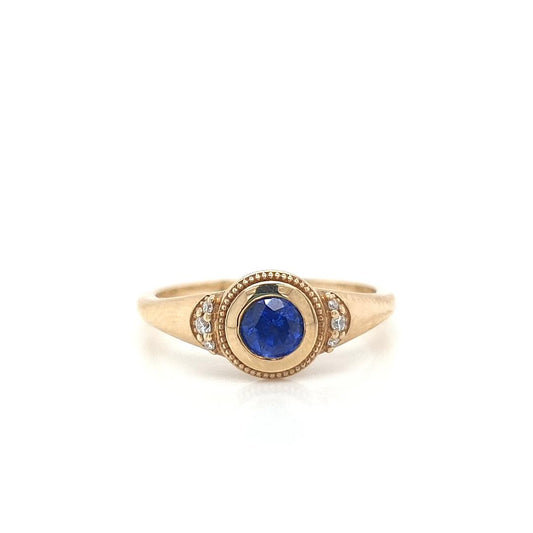 Sapphire & Diamond 9k Yellow Gold Bezel Set Signet Style Ring