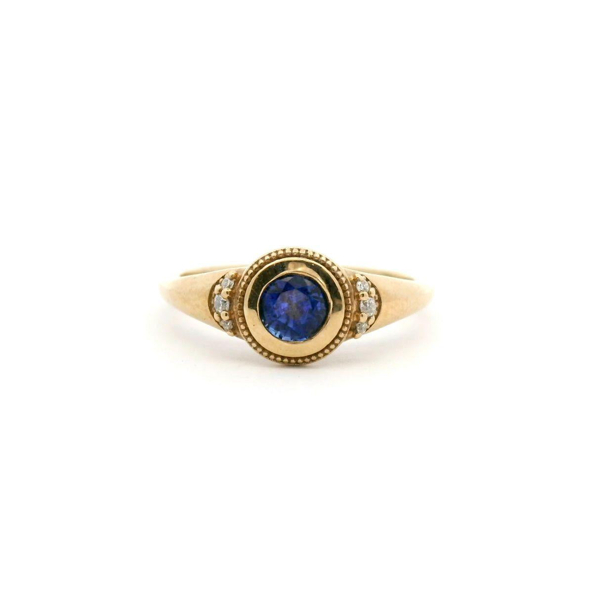 Sapphire & Diamond 9k Yellow Gold Bezel Set Signet Style Ring