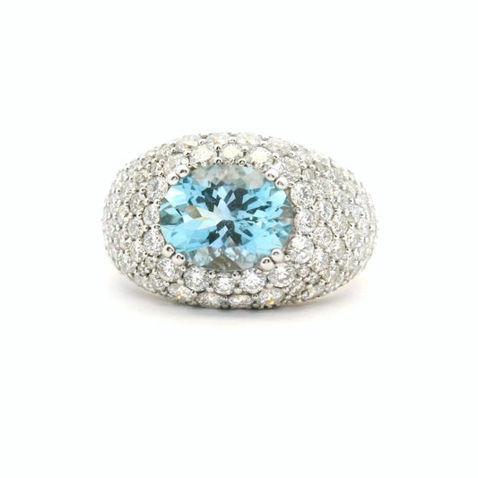 18ct Yellow & White Gold 2.21ct Oval Aquamarine & 2.95ct Round Brilliant Diamond Dome Ring