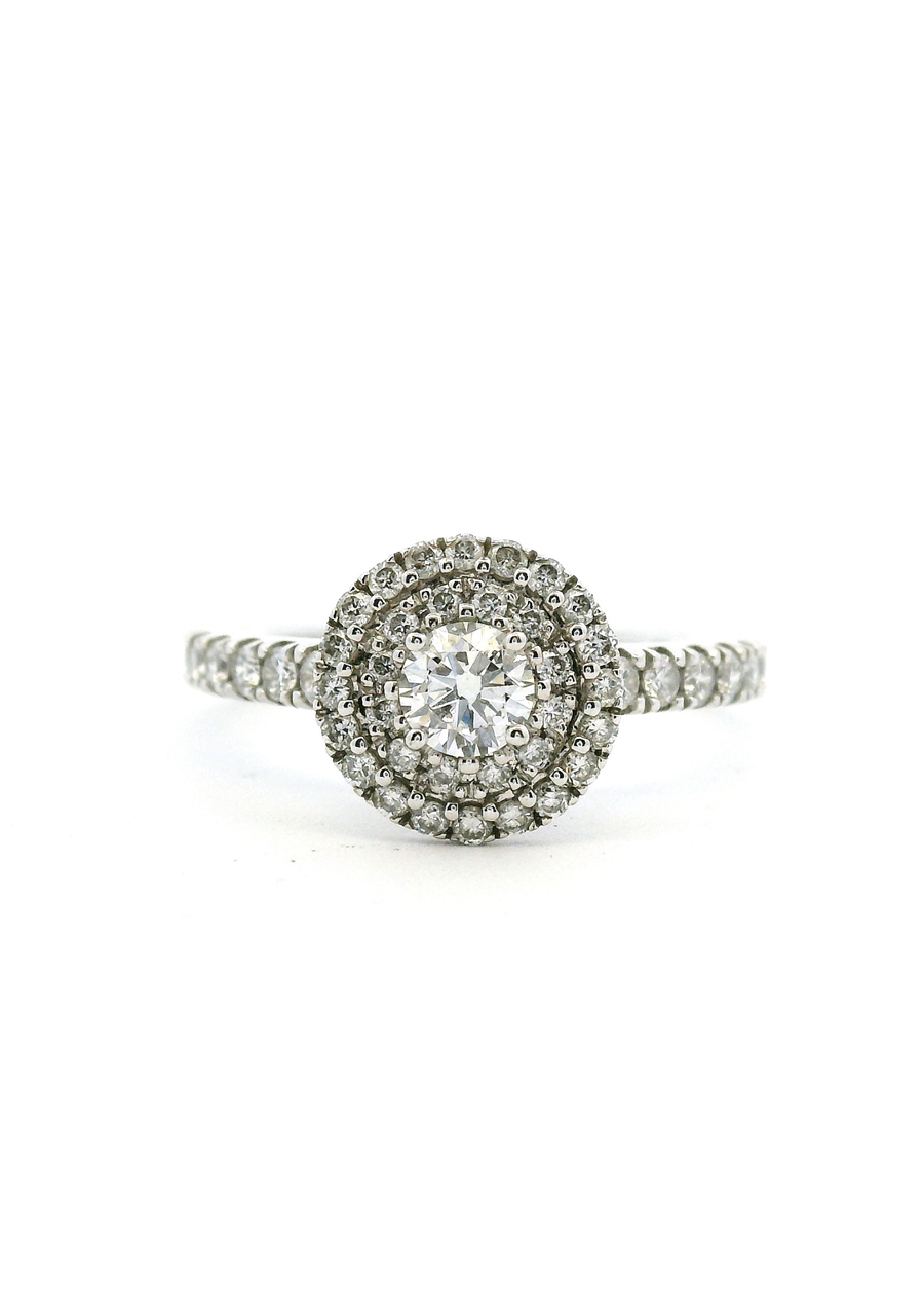 18ct White Gold 0.23ct Centre Round Brilliant Diamond with 0.51ct Accent Double Halo & Shoulder Diamond Ring