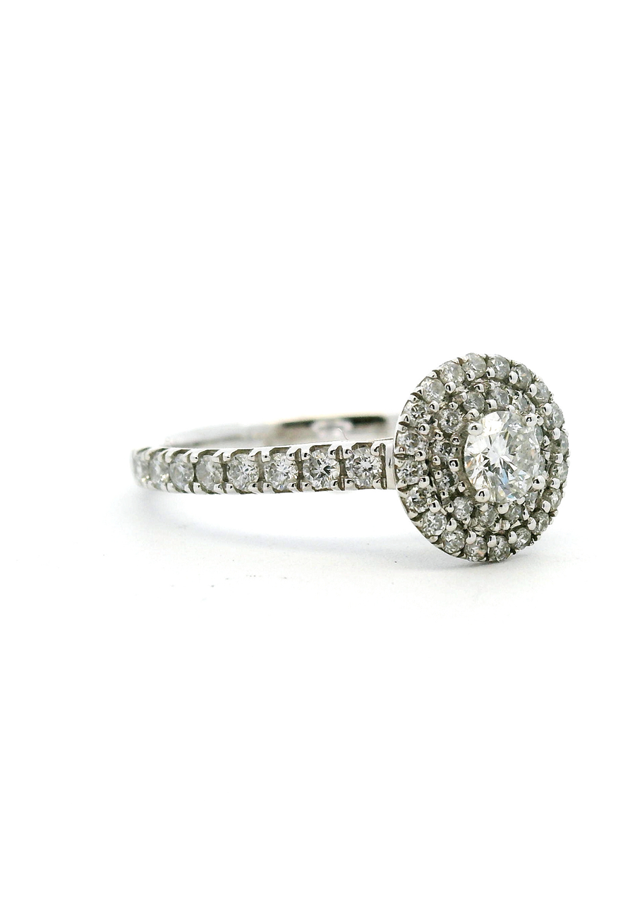 18ct White Gold 0.23ct Centre Round Brilliant Diamond with 0.51ct Accent Double Halo & Shoulder Diamond Ring