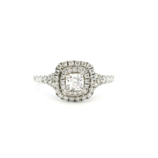 18ct White Gold 0.33ct Centre Cushion Cut Diamond with 0.48ct Accent Double Halo & Shoulder Diamond Ring