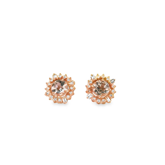 Morganite & Diamond 9ct Rose Gold Mixed Shape Cluster Stud Earrings