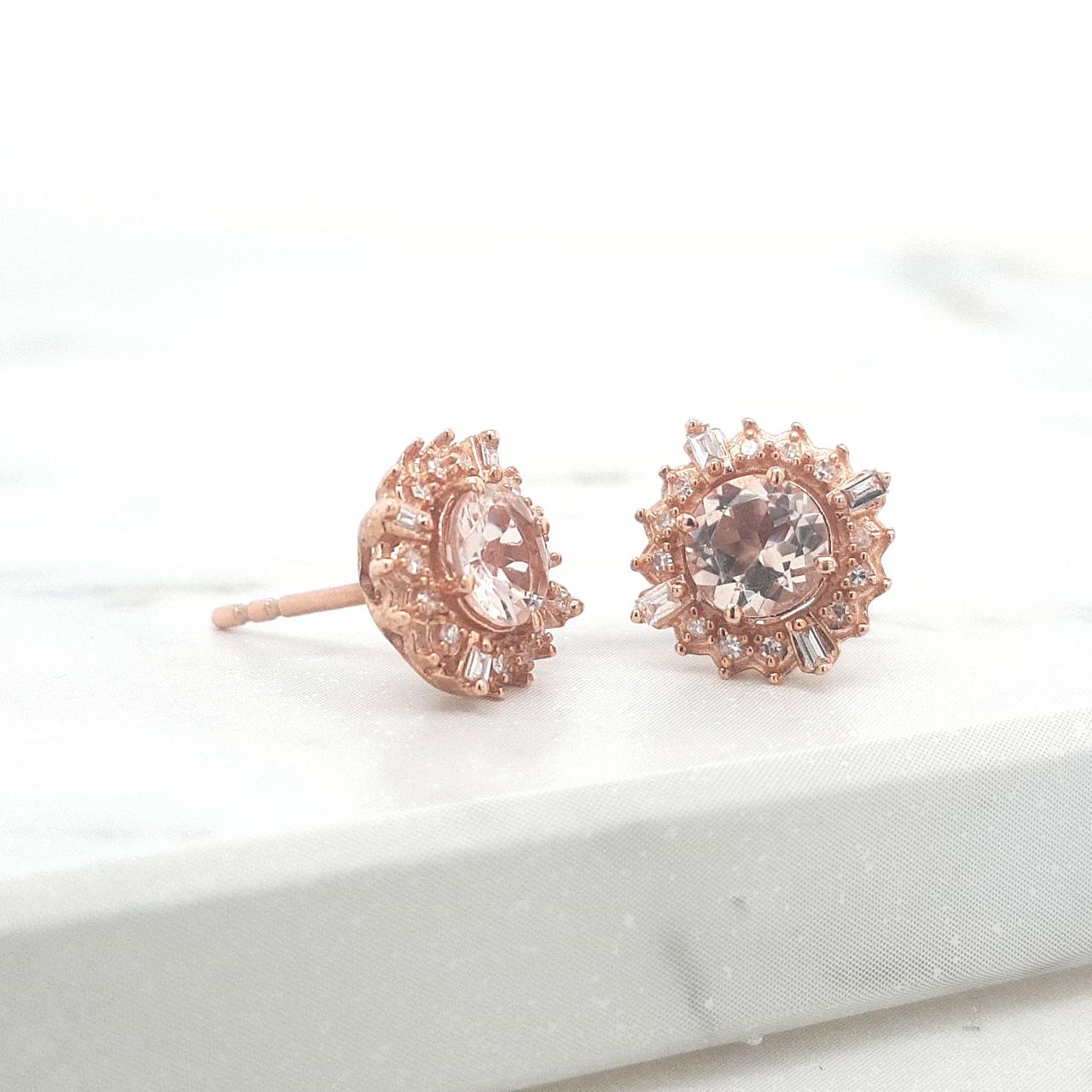 Morganite & Diamond 9k Rose Gold Mixed Shape Cluster Stud Earrings