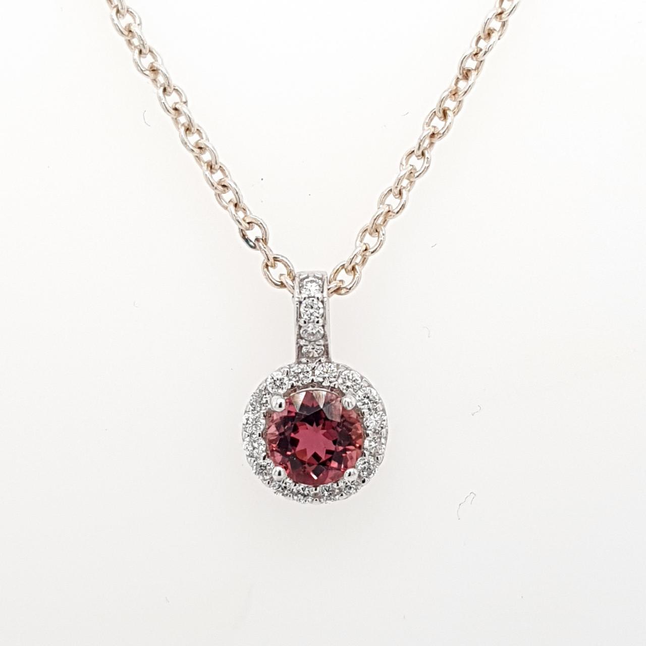 9ct White Gold Round Pink Tourmaline & 0.15ct Round Brilliant Diamond Halo Cluster Pendant ONLY