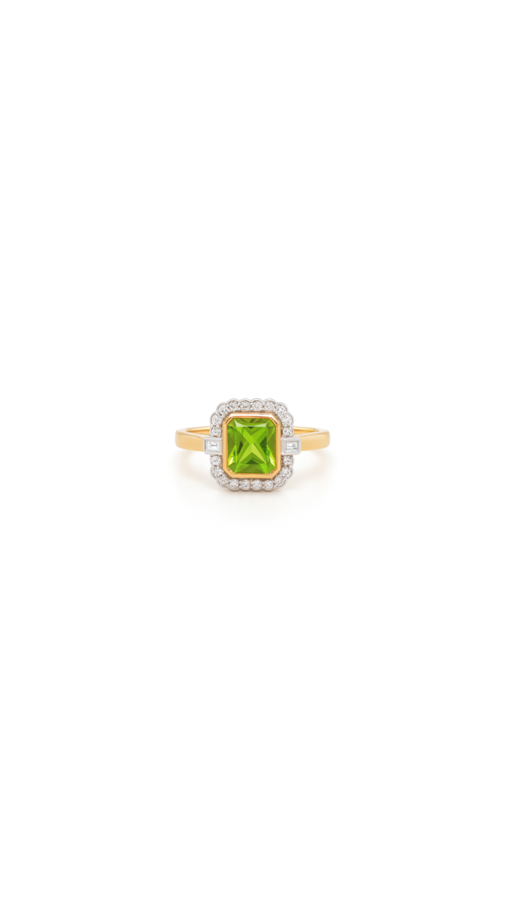 Peridot & Diamond Halo Ring in 9ct Yellow & White Gold