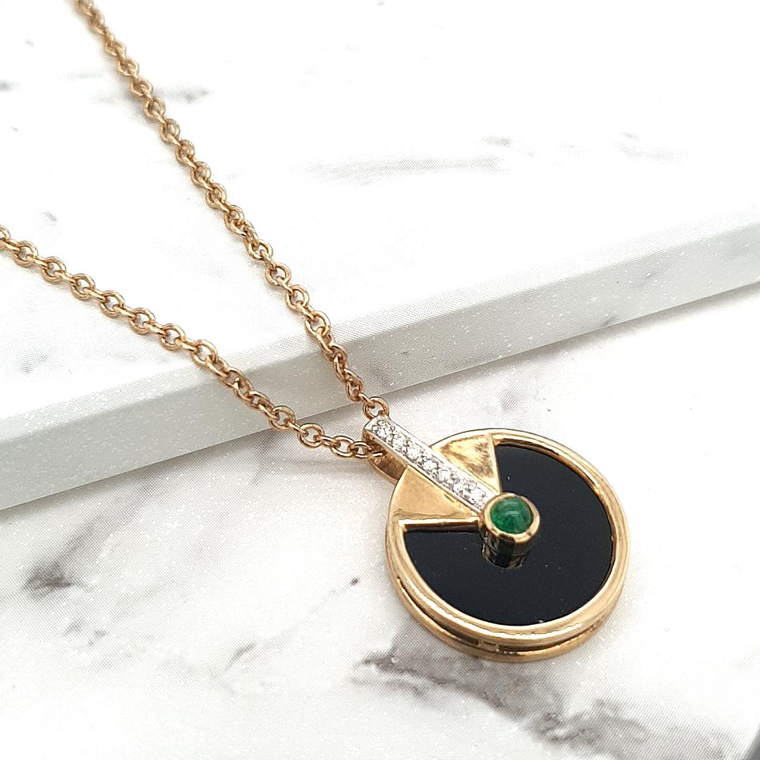 Emerald, Onyx & Diamond 9k Yellow Gold Pendant