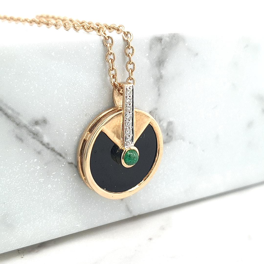 Emerald, Onyx & Diamond 9k Yellow Gold Pendant