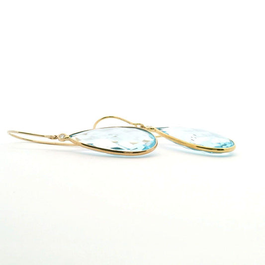 Blue Topaz 9k Yellow Gold Tear Drop Bezel Set Hook Earrings