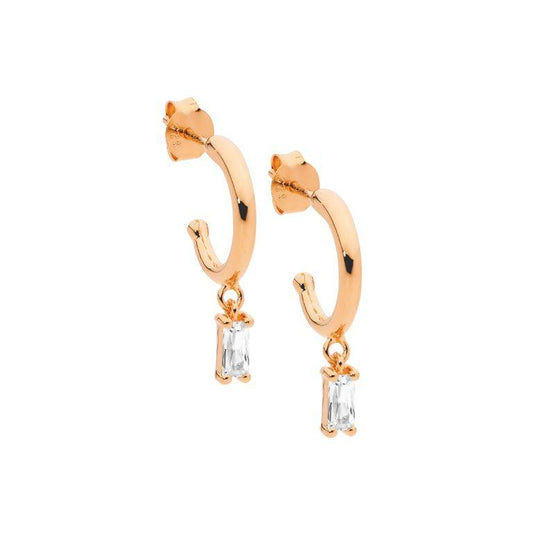 Ellani Rose Gold Plated 13mm with CZ Baguette Drop Hoop Earrings