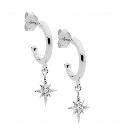 Ellani Sterling Silver White Cubic Zirconia Star Drop 13mm Hoop Stud Earrings
