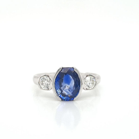 Sapphire & Diamond 18ct White Gold Semi Bezel Set Three Stone Ring
