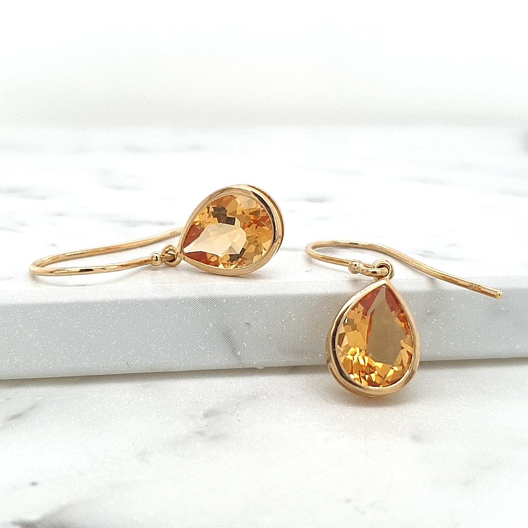 Citrine 9k Yellow Gold Pear Shape Bezel Set Hook Earrings