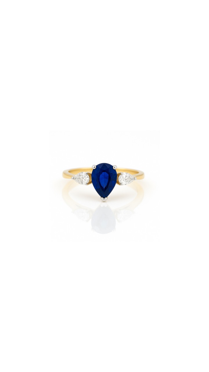 Sapphire & Diamond Pear Cut Trilogy Ring in 18ct Yellow & White Gold
