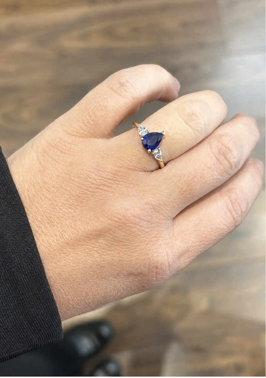 Sapphire & Diamond 18ct Yellow & White Gold Pear Cut Three Stone Ring