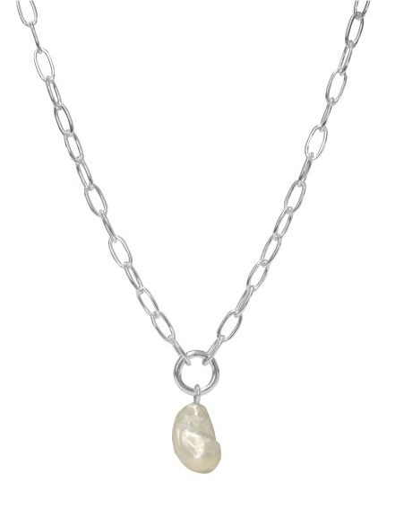 Sterling Silver Cable Chain with White Baroque Freshwater Pearl Pendant Necklace