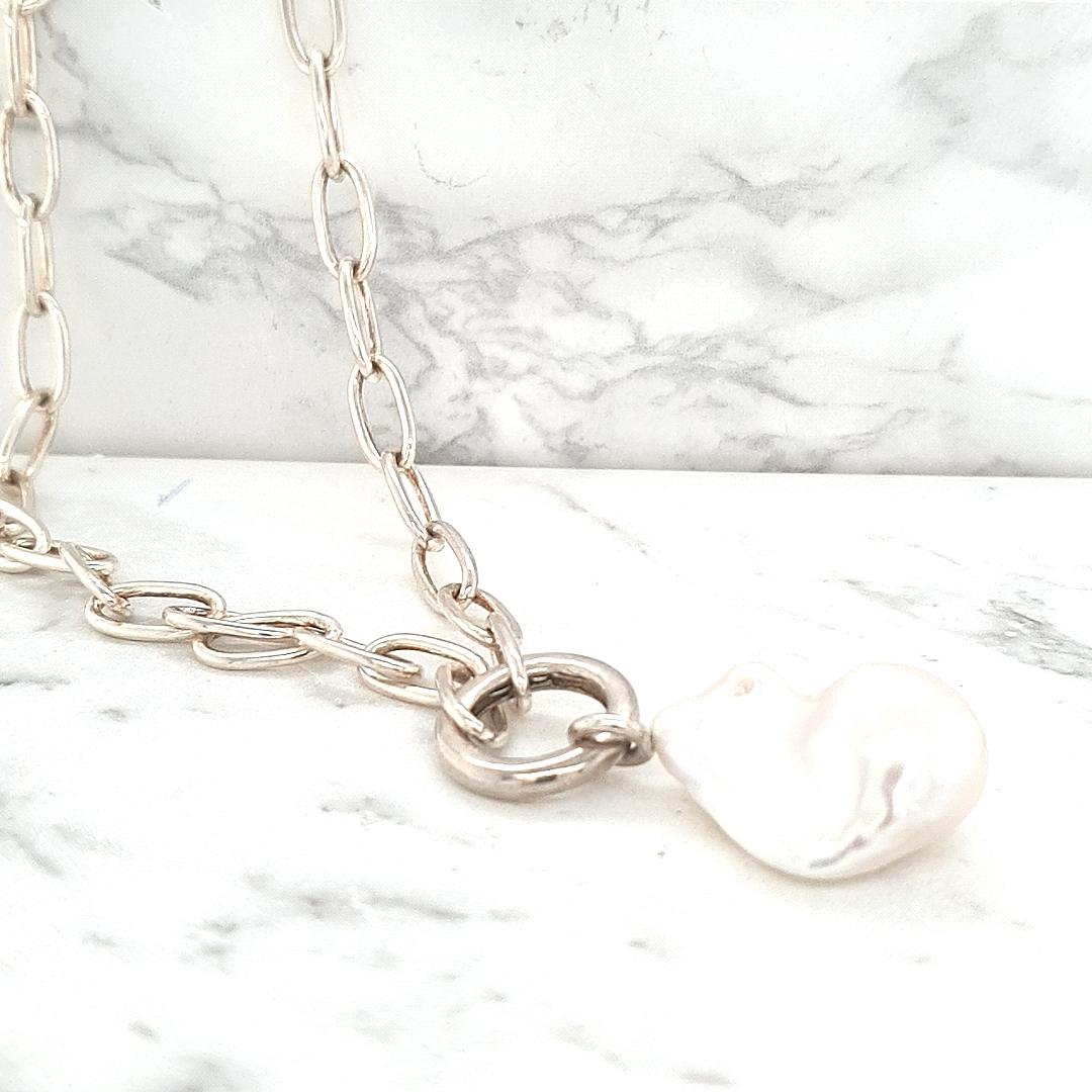 Sterling Silver Cable Chain with White Baroque Freshwater Pearl Pendant Necklace