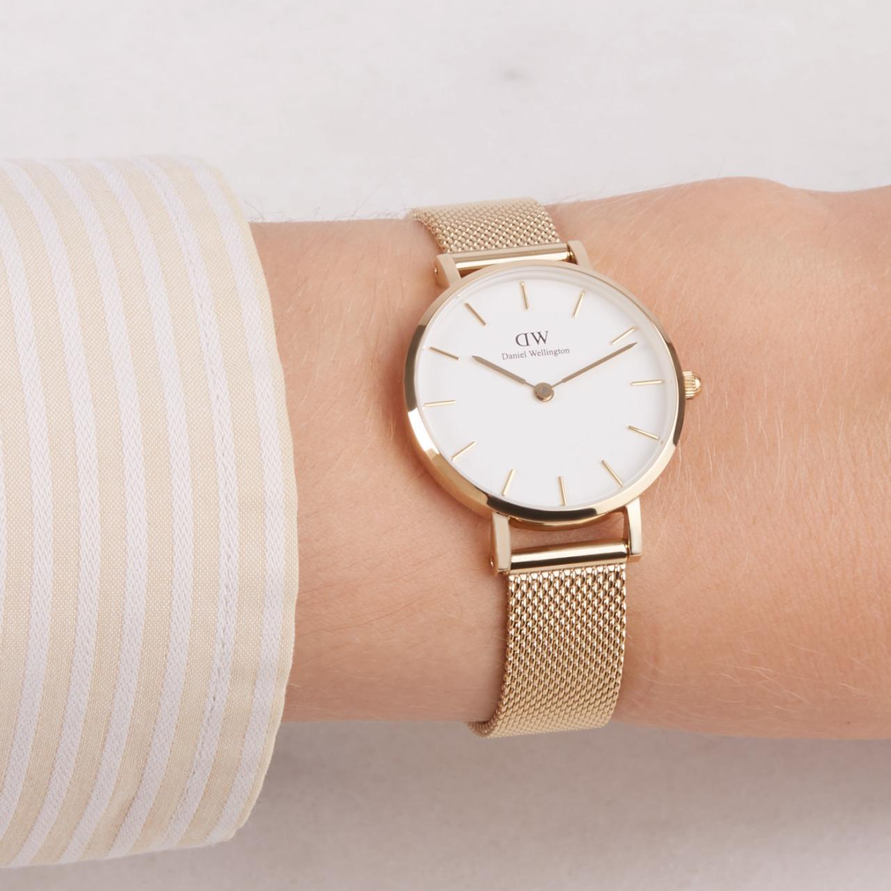 Daniel Wellington 28mm Gold Plated Petite Evergold Mesh Strap Watch with White Dial