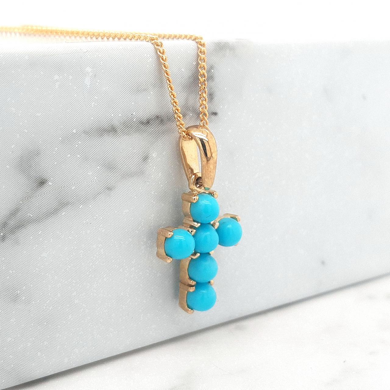 Turquoise 9k Yellow Gold Cross Pendant
