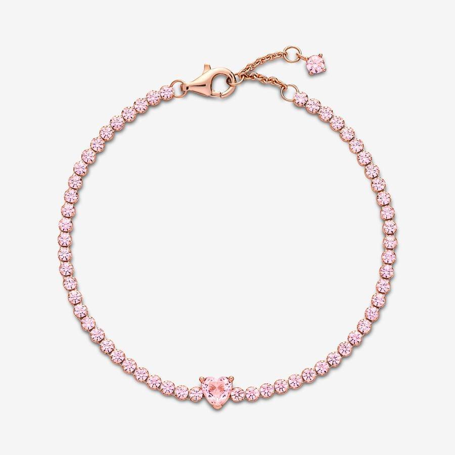 Pandora 14ct Rose Gold Plated Sparkling Heart Tennis Bracelet with Orchid Pink Crystals 580041c01