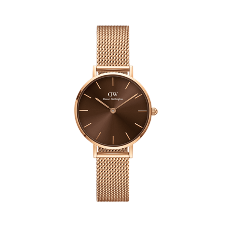 Daniel Wellington 28mm Rose Gold Plated Petite Mesh Strap Watch with Amber Brown  Dial