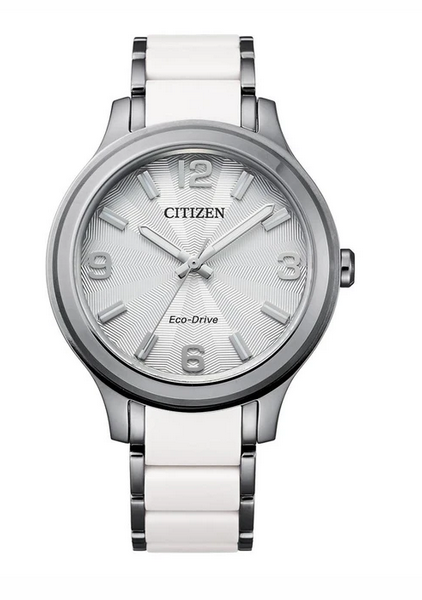 Citizen Ladies Stainless Steel Round Face with Silver and White Batons and Hands Silver and White Silicone Bracelet Strap 100m Water Resistant Eco-Drive Watch