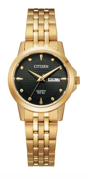 Citizen Ladies Yellow Gold Plated Black Round Dial 50m WR Watch Code: EQ0603-59F