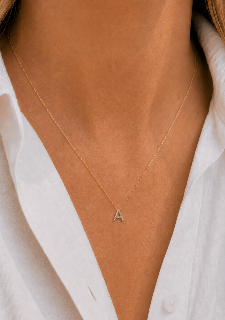 9ct Yellow Gold Round Brilliant Diamond Initial 'A' Diamond Pendant Necklace