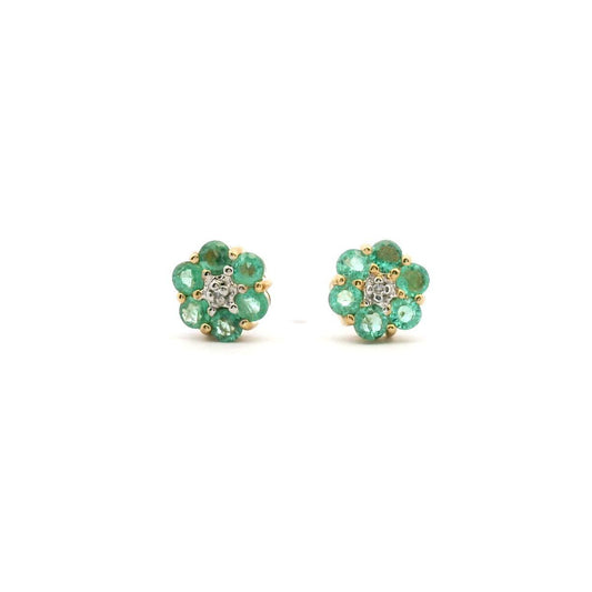 Emerald & Diamond 9ct Yellow Gold Emerald and Diamond Cluster Stud Earrings