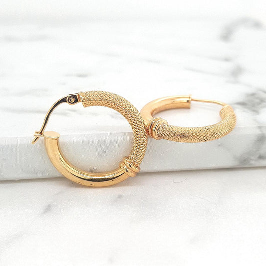 9ct Yellow Gold Half Round 2mm x 15mm Plain & Frosted Hoop Earrings