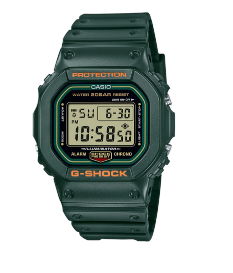 G-Shock 5600 Series Green Case and Green Resin Strap Digital Revival 200m Water Resistant Quartz Watch Code: DW5600RB-3D