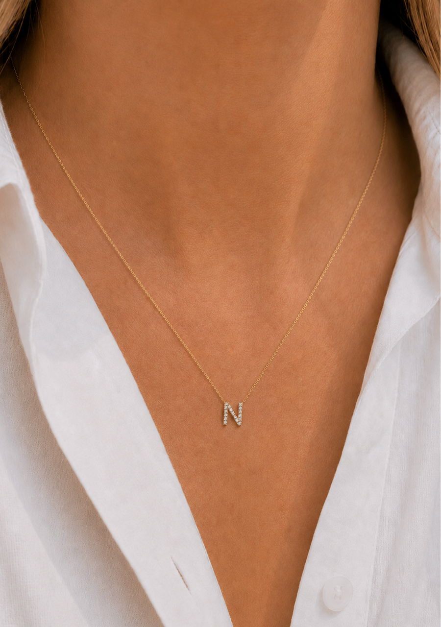 9ct Yellow Gold Initial 'N' Diamond Pendant Necklace