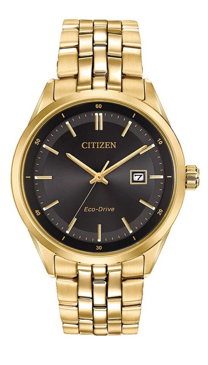 Citizen Gents Yellow Gold Plated Black Round Dial 100m WR Eco-Drive Watch Code: BM7252-51E