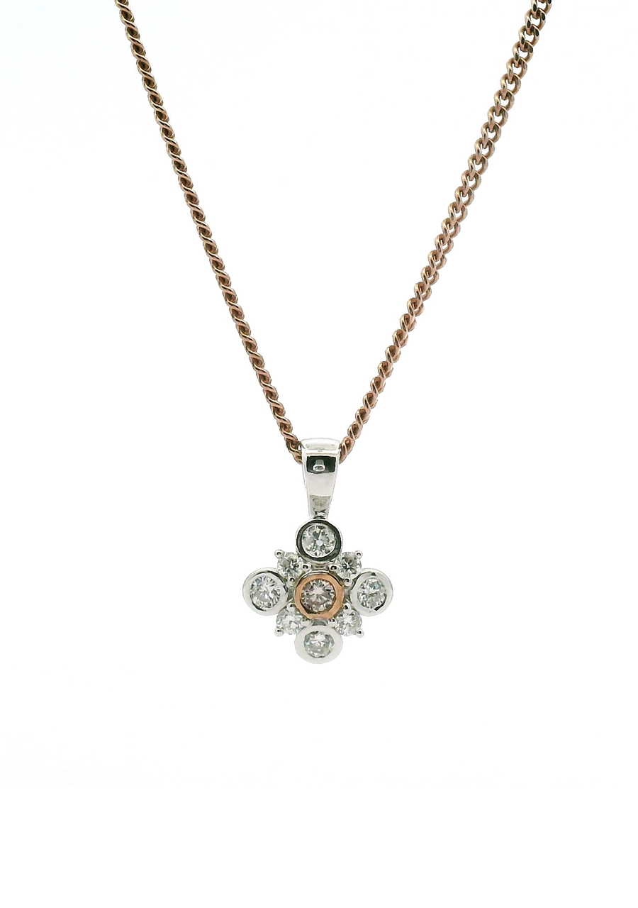 9ct White & Rose Gold Pink & White Round Brilliant Diamond Pendant