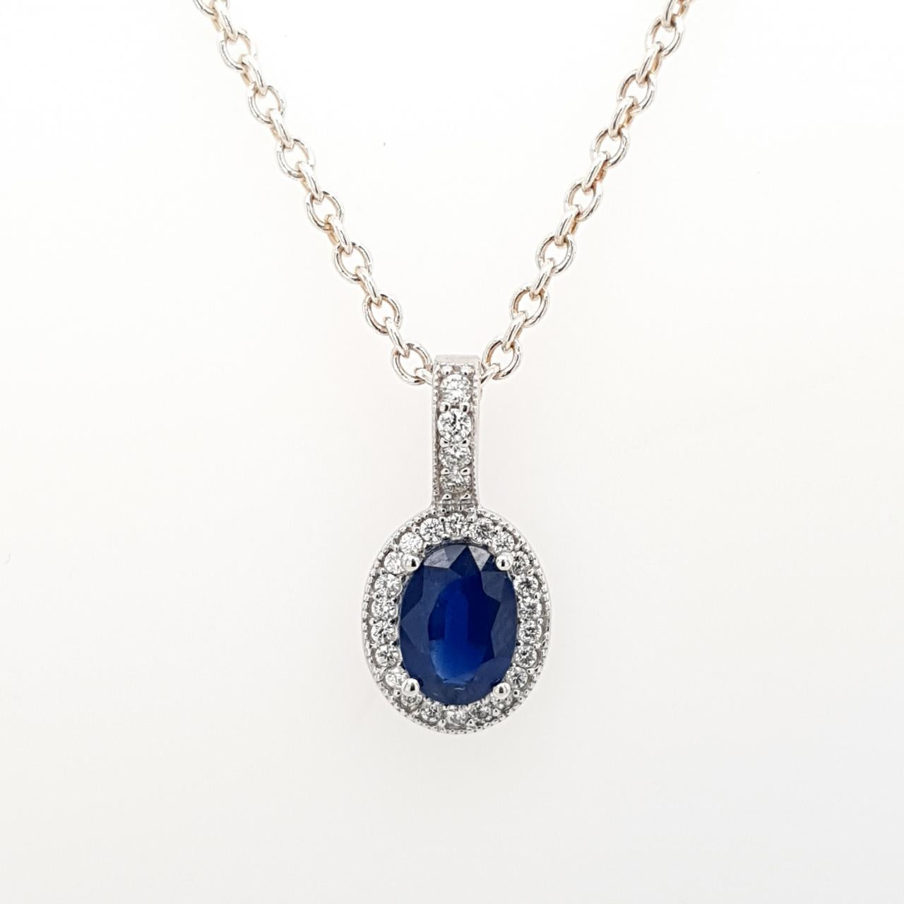 Sapphire & Diamond 18k White Gold Halo Pendant