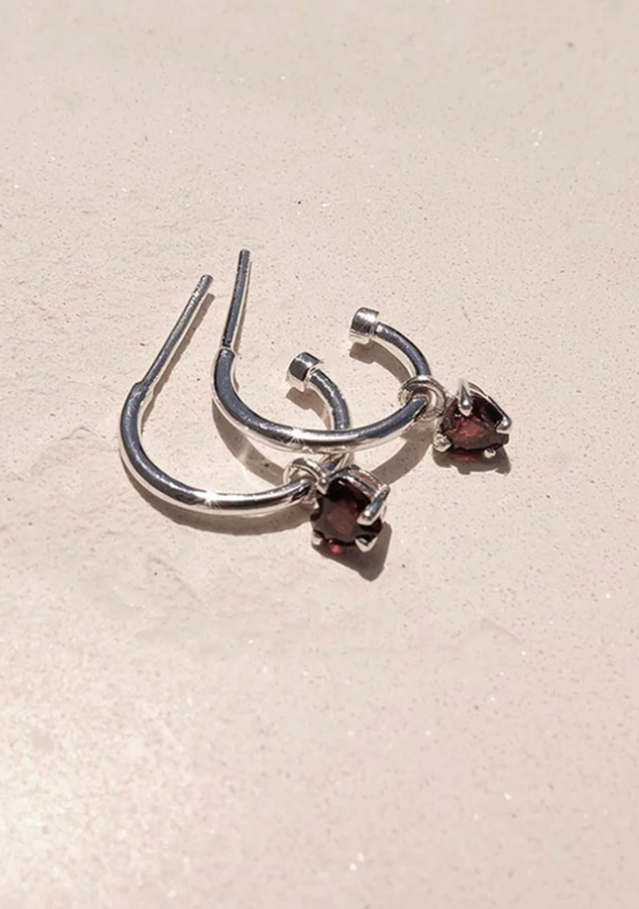 Meadowlark Sterling Silver Thai Garnet Heart Signature Hoops
