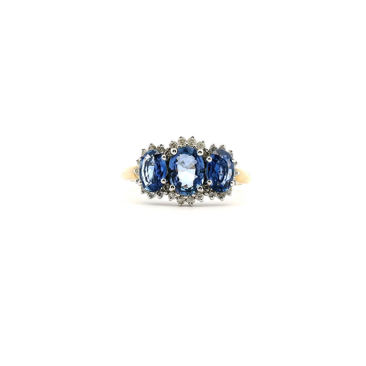 9ct Yellow Gold 1.82ct Oval & Ceylon Sapphire & 0.27ct Round Brilliant Diamond Triple Cluster Ring