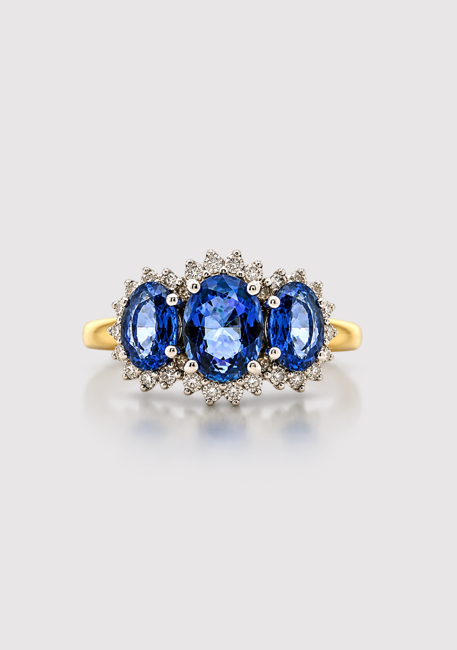 9ct Yellow & White Gold Oval Ceylon Sapphire Round Diamond Triple Cluster Ring