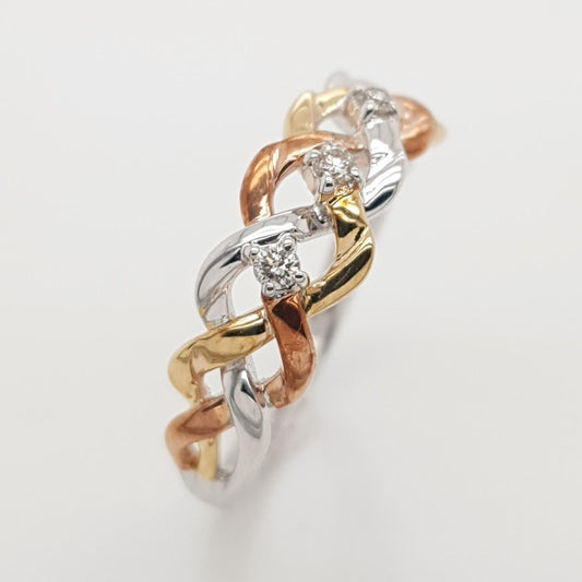 9ct White, Yellow & Rose Gold 0.09ct Round Brilliant Calw Set Diamond Woven Band Ring