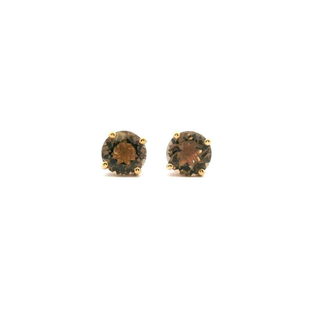 9ct Yellow Gold Round Smokey Quartz Four Claw Stud Earrings