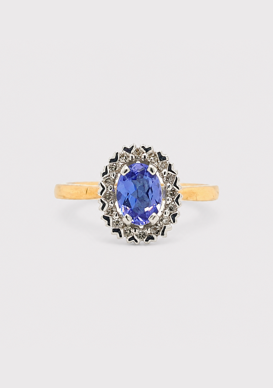 9ct Yellow Gold Ceylon Sapphire & Round Brilliant Diamond Halo Cluster Ring